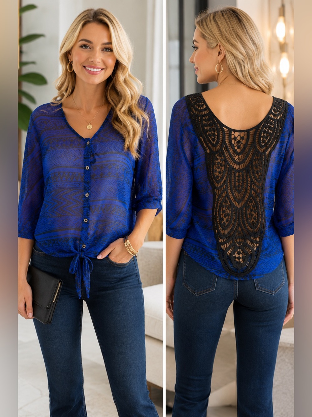 Blue black chiffon lace crocheted Blouse size M/L